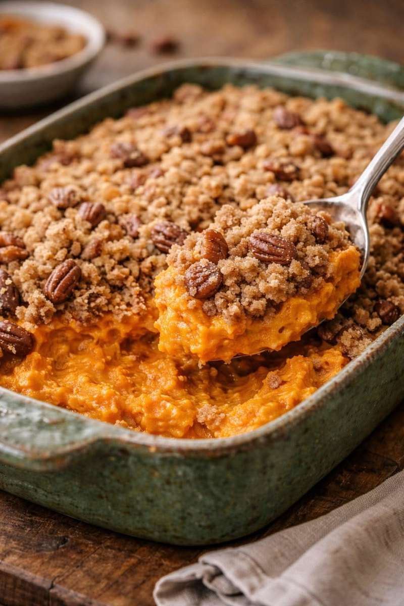 Classic sweet potato casserole glazed with pure maple syrup, toasted pecan streusel, and cinnamon.