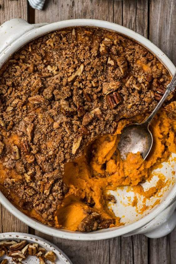 Velvety classic sweet potato casserole with tangy buttermilk, freshly grated nutmeg, cinnamon, and toasted marshmallows.