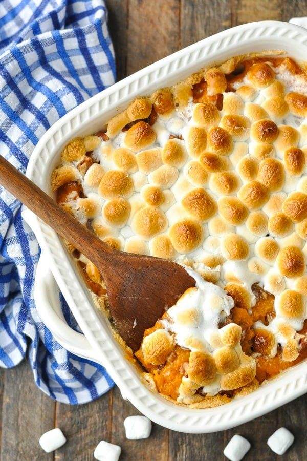 Ultimate classic holiday sweet potato casserole crowned with bubbly toasted marshmallows and buttery pecan streusel.