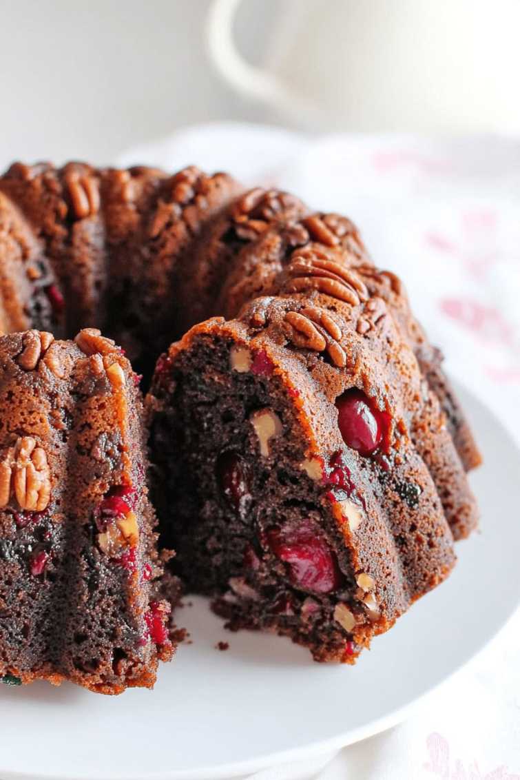 Golden bundt cake studded with red cranberries and pecan pieces, dusted with powdered sugar on a stand.
